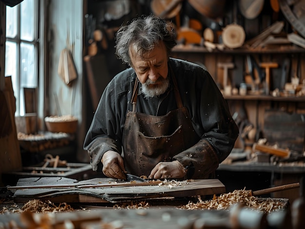 Photo an artisan crafts wooden furniture in a rustic workshop filled with tools and wood shavings