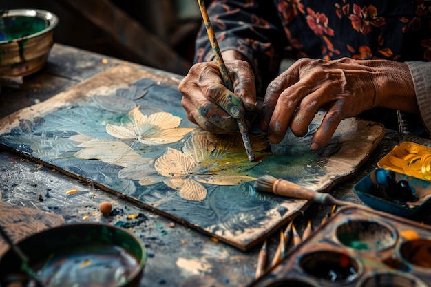 Artisan Hand Painting Floral Designs on Handmade Paper Surrounded by Creative Tools and Materials