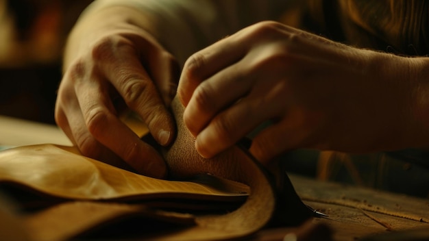 Artisan hands meticulously shape leather crafting with ageold precision