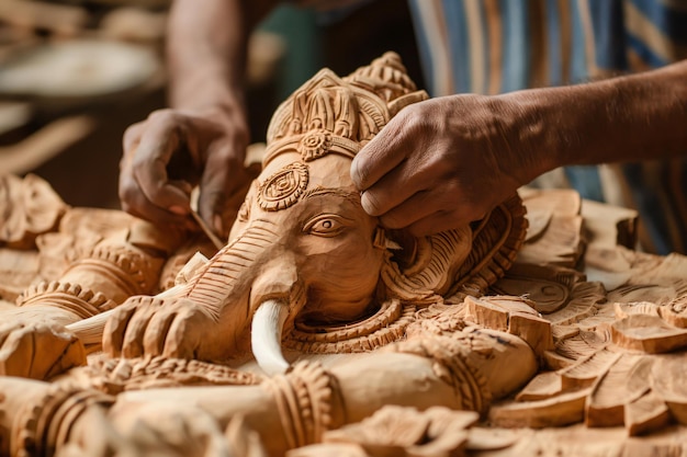 Photo artisan meticulously carving a wooden sculpture of ganesh the hindu deity showcasing the rich tradition of indian craftsmanship