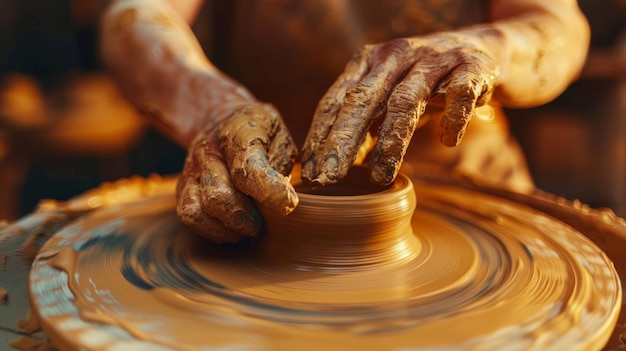 Artisan pottery studio hands shaping clay on the wheel