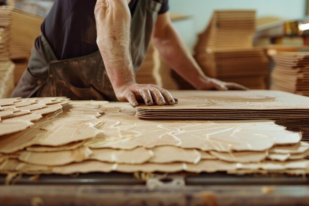 Artisan preparing cardboard in workshop