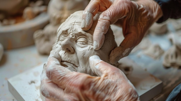 Photo artisan sculpting a detailed human face from clay skilled hands mold the delicate features illustrating craftsmanship and patience