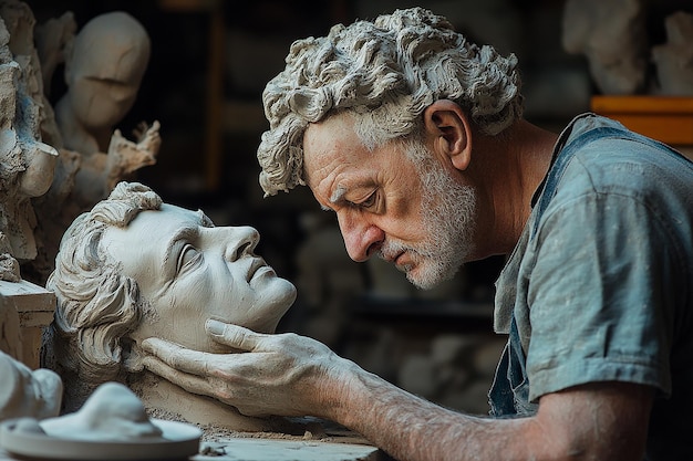 Artisan Sculptor Working on a Detailed Clay Sculpture in a Studio