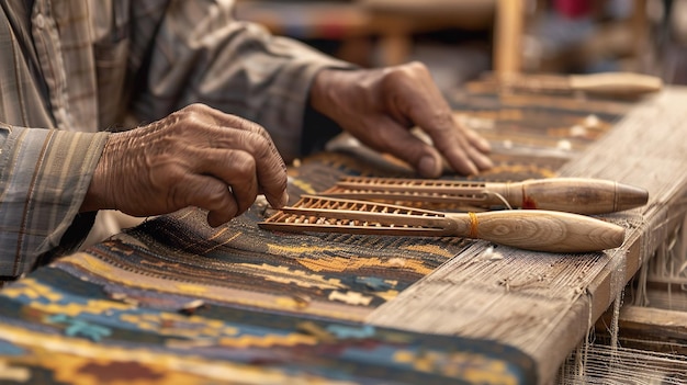 Photo artisan weaving fabric on traditional loom