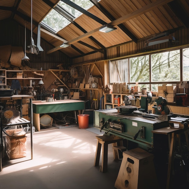 Artisan Woodworking Shop Interior Sunlit