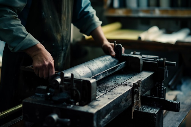 Photo artisan at work hands operating industrial printing press in workshop