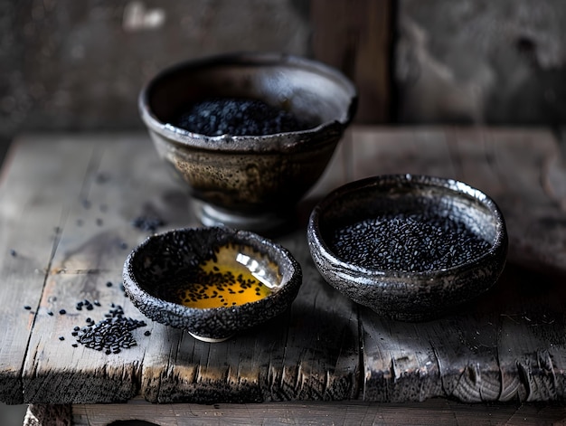 Artisanal Black Sesame Spread with Luminous Golden Oil on Rustic Wooden Table