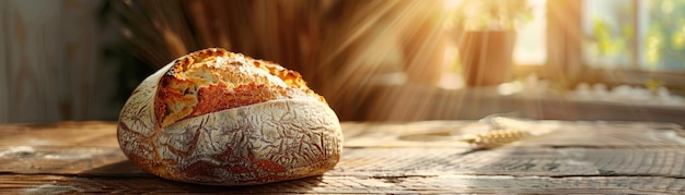 Photo artisanal bread loaf rests on a rustic wooden table bathed in the golden glow of streaming sunlight