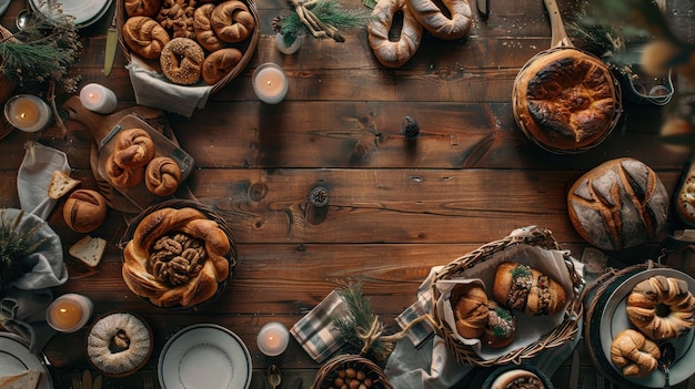 Artisanal bread and pastries on rustic dining table with space for text Mountain cabinlodge theme