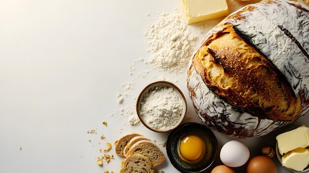 Photo artisanal bread with baking essentials arranged on white backdrop perfect for text addition