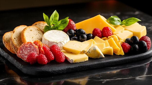 Photo artisanal cheese board with fresh fruits and crusty bread gourmet delight for wine pairing and charcuterie