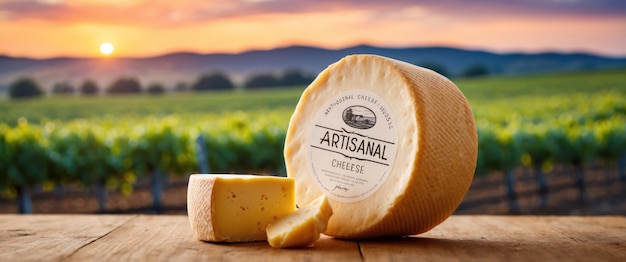 Artisanal cheese wheel in a vineyard at sunset perfect for gourmet events