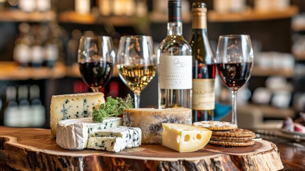 Photo artisanal cheese and wine pairing on an elegant wooden board