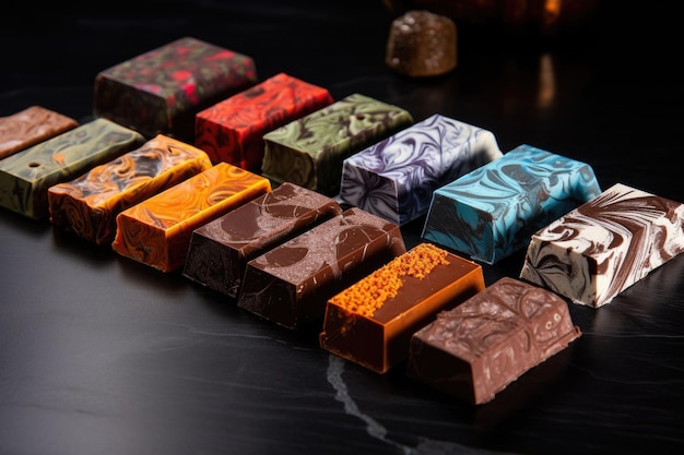 Artisanal chocolate bars with various flavors created with generative ai