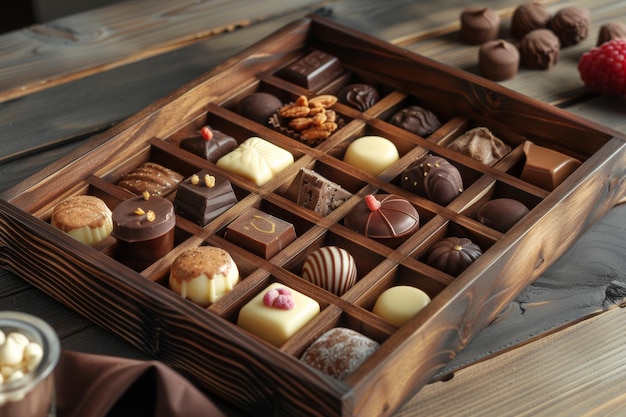 Photo artisanal chocolate box showcasing a tempting assortment of sweet treats