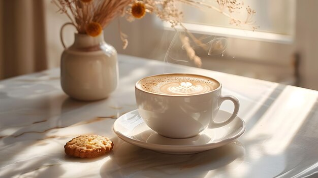 Artisanal Coffee Moment with Latte Art and Biscotti on Marble Counter