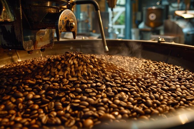 Artisanal Coffee Roaster at Work with Fresh Beans in Roasting Process