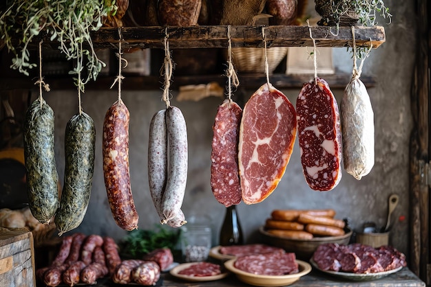 Photo artisanal cured meats a feast for the senses intricately crafted these savory delicacies hang in a rustic setting promising a taste of tradition