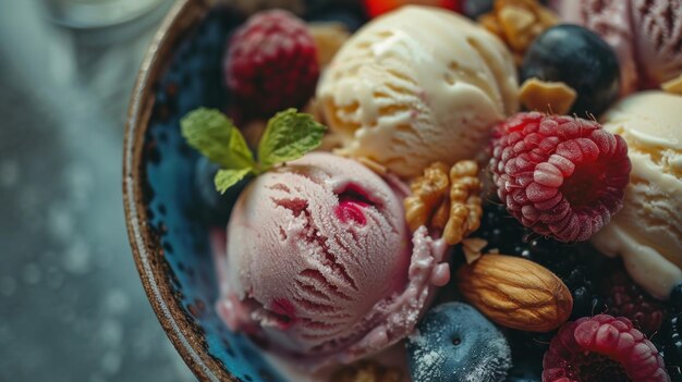 Artisanal gelato in a close up adorned with a colorful array of fresh fruit