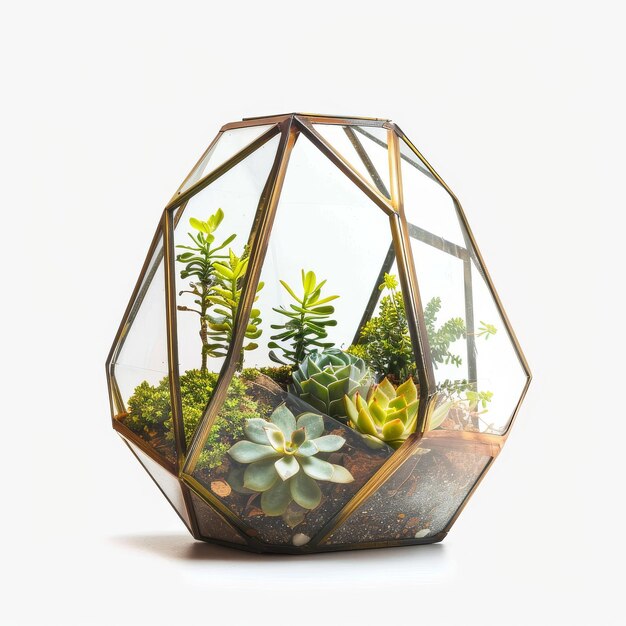 Photo artisanal glass terrarium geometric design isolated on white highlighting botanical beauty