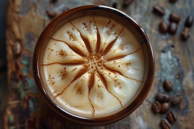 Artisanal Latte Coffee with Decorative Milk Foam and Chocolate Swirls on Wooden Table