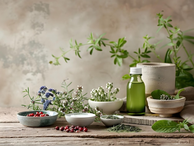 Artisanal Natural Skincare Products Beautifully Displayed on Wooden Table with Minimalist Backdrop