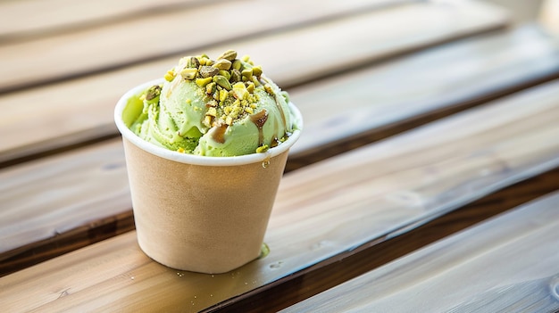 An artisanal pistachio gelato served in a small cup