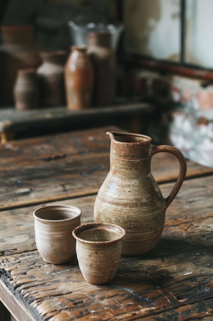 Artisanal Pottery Pitchers with Matching Cups on Rustic Wooden Table for Home Decor or Display