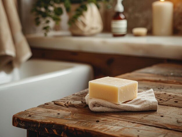 Artisanal soap on rustic wooden surface