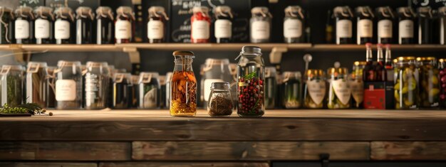 Photo artisanal spice and herb bottles on a rustic wooden counter