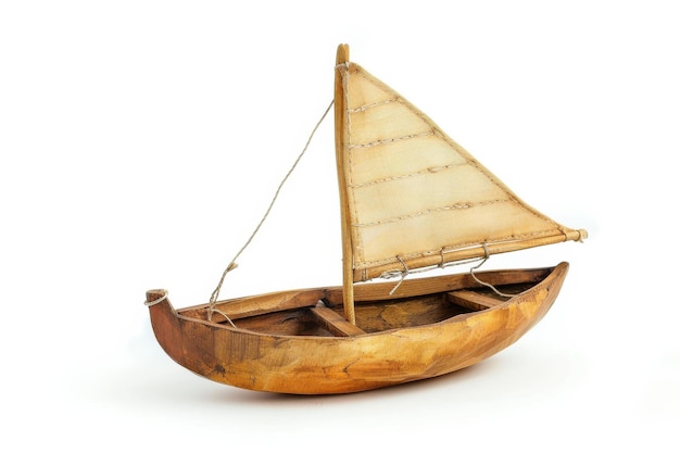 Artisanal wooden sailboat model crafted by hand showcasing fine details and natural finishes