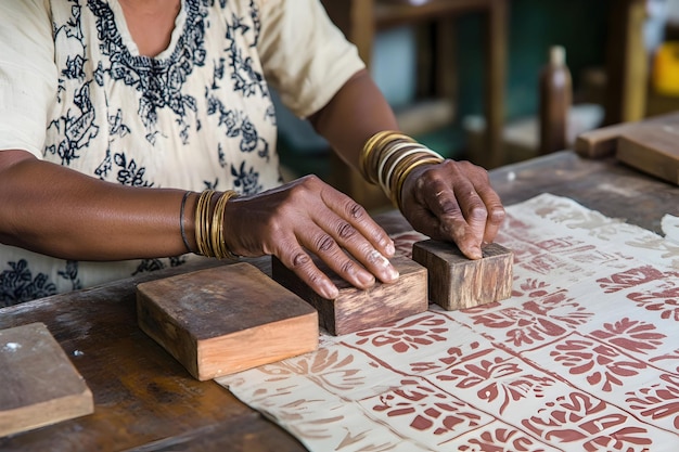 Photo artisans handprinting intricate patterns on fabrics in traditional india block printing workshop