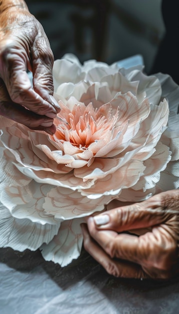 Artisans Hands Crafting a Detailed Handmade Paper Flower for Creative Arts and Craft Design