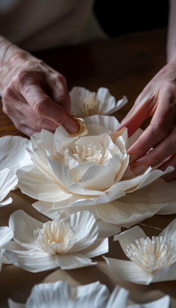 Artisans Hands Crafting a Detailed Handmade Paper Flower for Decor and Art Projects