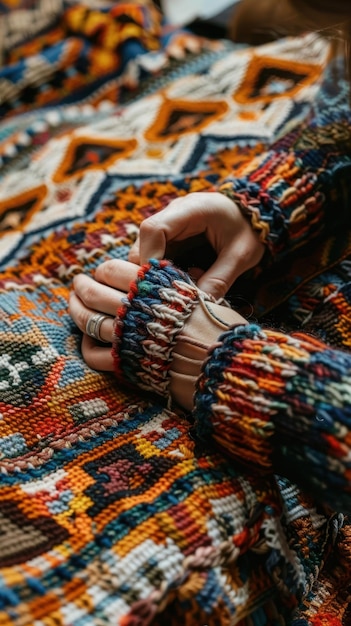 An artisans hands at work crocheting intricate patterns into a cozy afghan