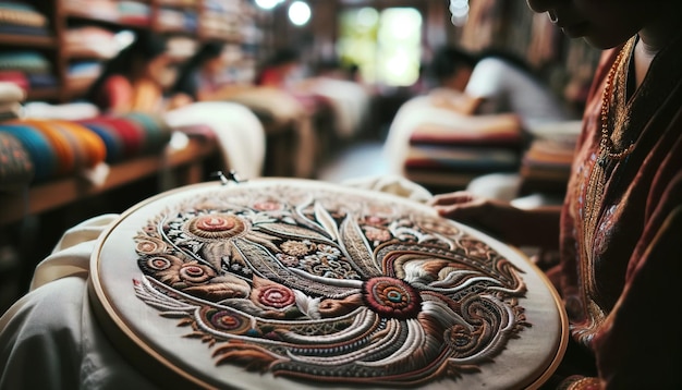 Artisans working on intricate embroidery in a traditional workshop setting