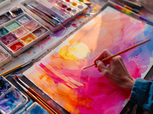 Artist creating a colorful abstract painting with watercolors on a canvas