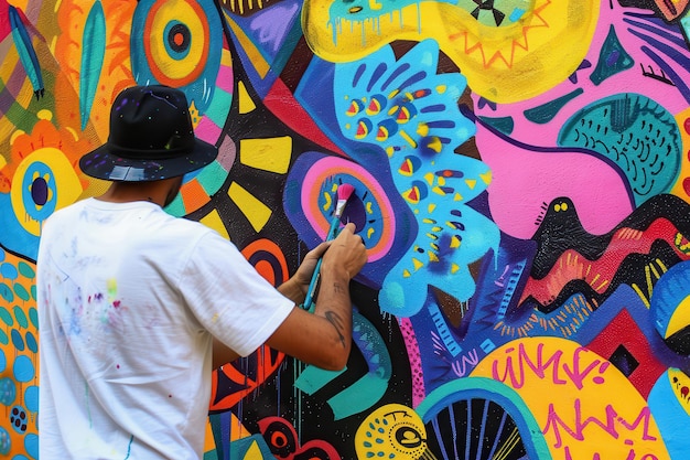 Artist creating a vibrant mural with colorful spray paint on a brick wall in an urban setting showcasing creativity and expression in daylight