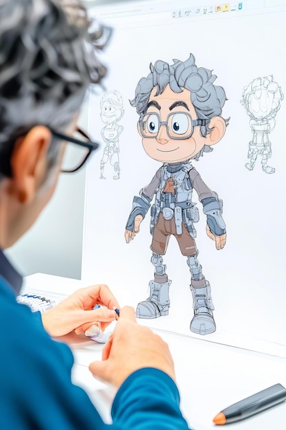 Photo artist designing cartoon character on paper in office creative concept art process of animated hero