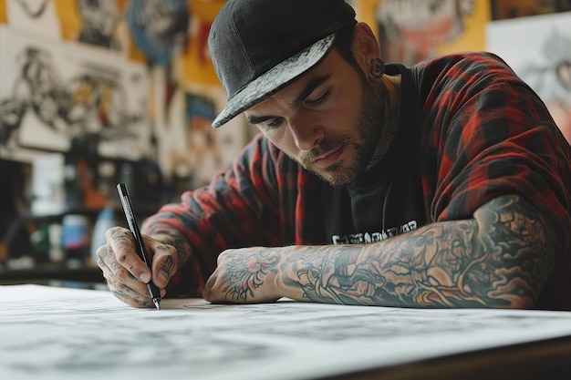 Photo an artist drawing intricate tattoo designs in a bustling studio