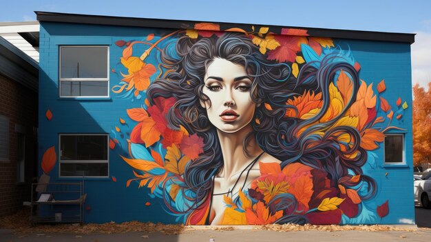 An artist exhibits a mural on a side street in the city