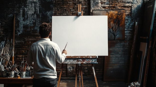 Photo artist facing blank canvas ready to create masterpiece a painter stands in a studio with a bl