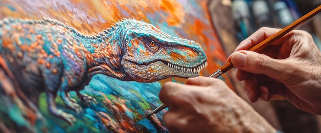 Photo artist finishing touches on a colorful dinosaur painting