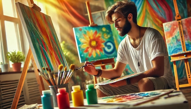 Artist Immersed in Creative Painting in a Sunlit Studio