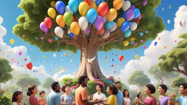 An artist is painting a cheerful and colorful picture to celebrate World Friendship Day In the cent