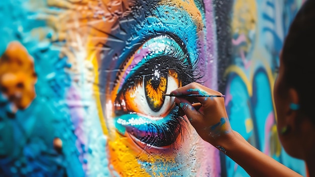 An artist is painting a mural of an eye The eye is looking out at the viewer and is full of emotion