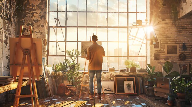 Photo an artist is standing in his studio looking out at the city he is wearing a casual outfit and has his hair tied back