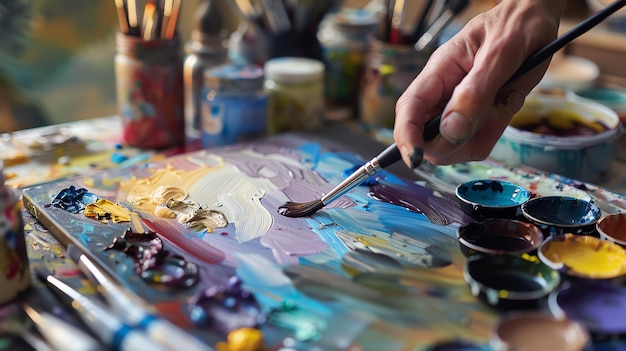 An artist mixes oil paints on a palette with a brush in hand The background is blurry and