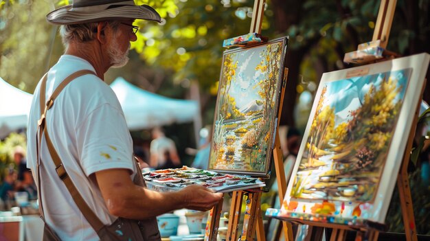 Photo an artist at an outdoor fair displaying their paintings